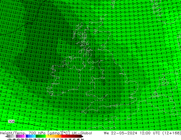 Hoogte/Temp. 700 hPa UK-Global wo 22.05.2024 12 UTC