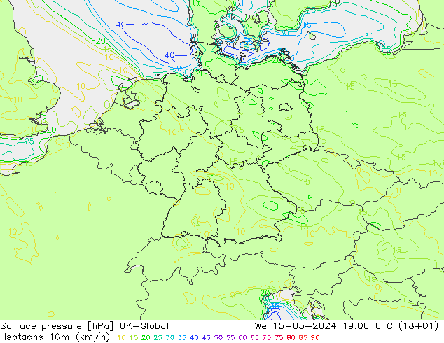 10米等风速线 (kph) UK-Global 星期三 15.05.2024 19 UTC