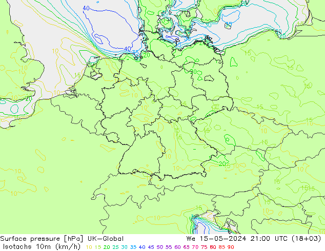 10米等风速线 (kph) UK-Global 星期三 15.05.2024 21 UTC