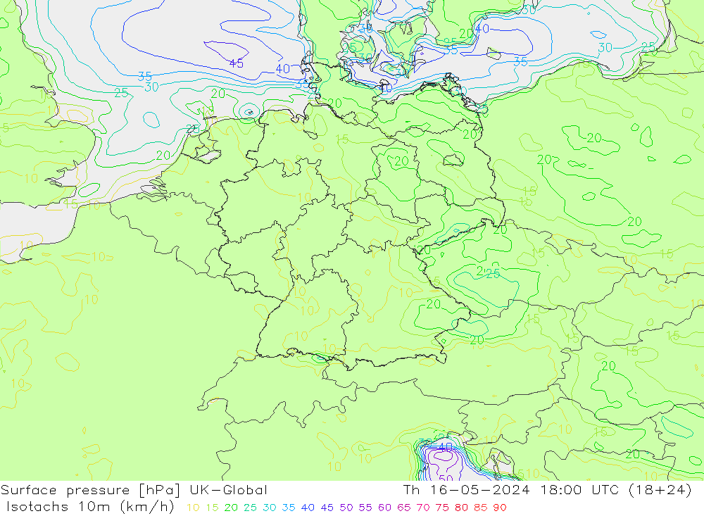 10米等风速线 (kph) UK-Global 星期四 16.05.2024 18 UTC