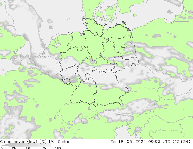 Bewolking (Laag) UK-Global za 18.05.2024 00 UTC