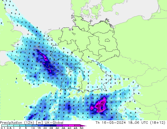 Precipitation (12h) UK-Global Th 16.05.2024 06 UTC