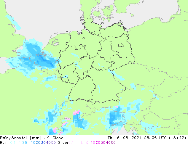 Rain/Snowfall UK-Global Qui 16.05.2024 06 UTC