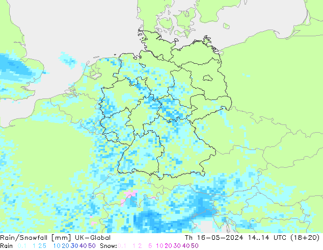 Rain/Snowfall UK-Global чт 16.05.2024 14 UTC