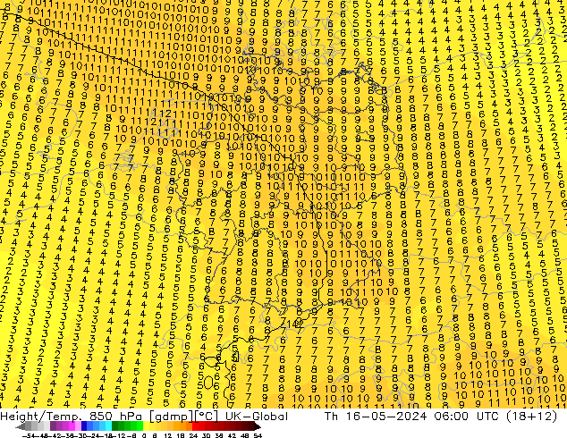 Height/Temp. 850 hPa UK-Global 星期四 16.05.2024 06 UTC