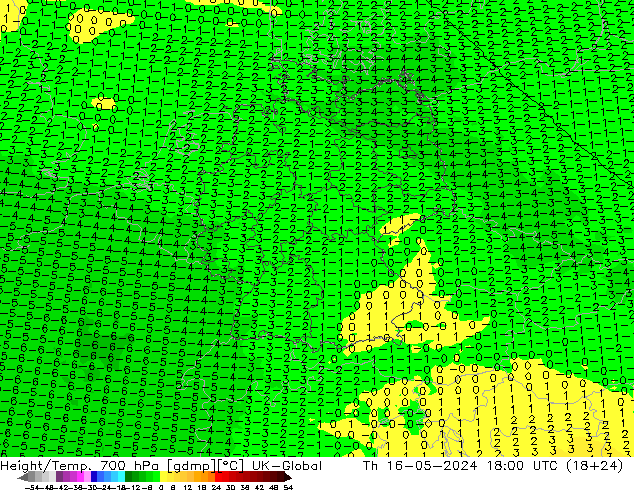 Height/Temp. 700 hPa UK-Global 星期四 16.05.2024 18 UTC