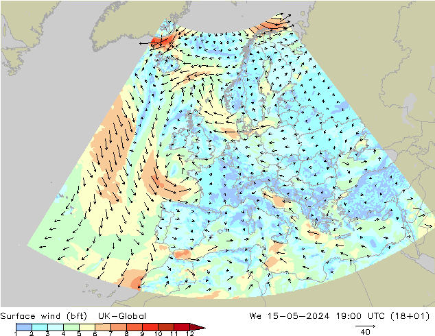 Surface wind (bft) UK-Global We 15.05.2024 19 UTC