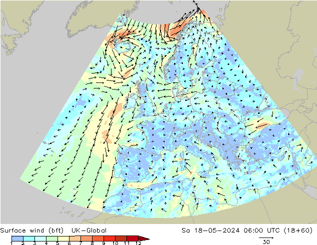 Surface wind (bft) UK-Global Sa 18.05.2024 06 UTC