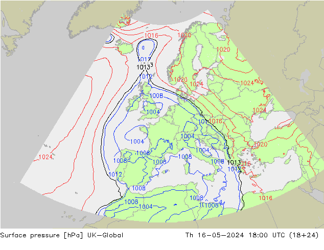 Surface pressure UK-Global Th 16.05.2024 18 UTC