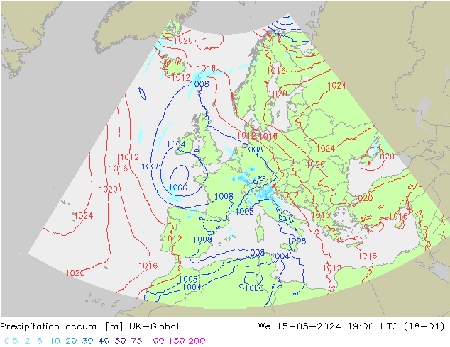 Precipitation accum. UK-Global mer 15.05.2024 19 UTC