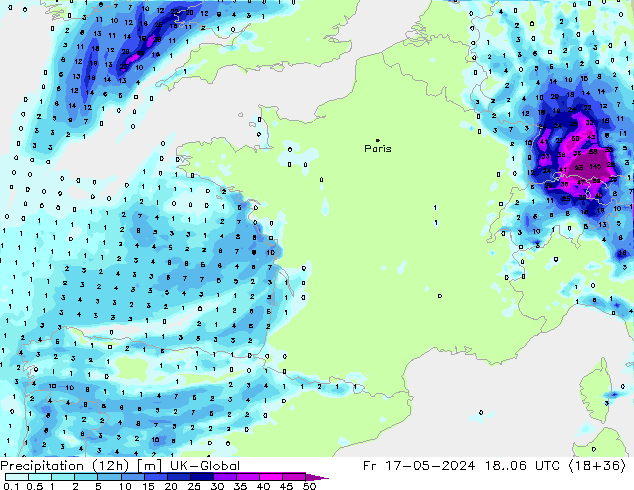 Precipitation (12h) UK-Global Pá 17.05.2024 06 UTC