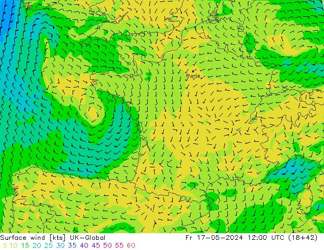 Surface wind UK-Global Fr 17.05.2024 12 UTC
