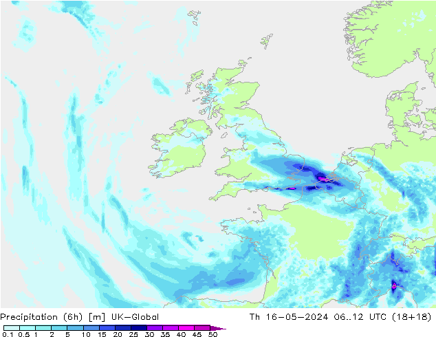 Yağış (6h) UK-Global Per 16.05.2024 12 UTC
