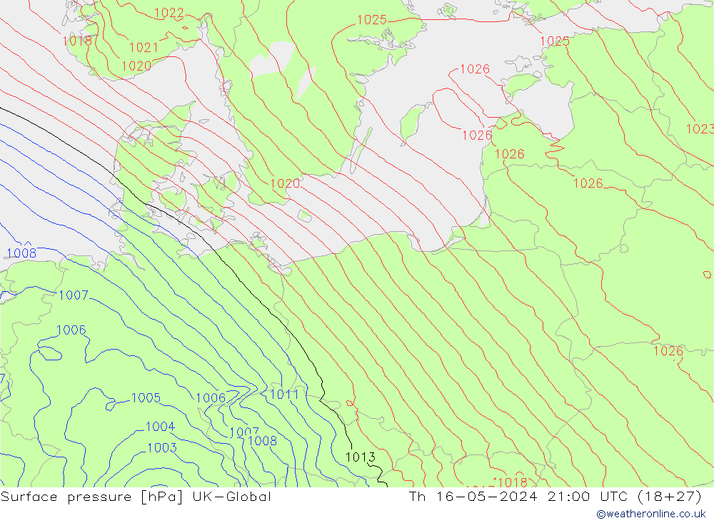 Pressione al suolo UK-Global gio 16.05.2024 21 UTC