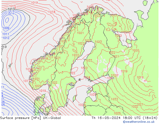 Surface pressure UK-Global Th 16.05.2024 18 UTC