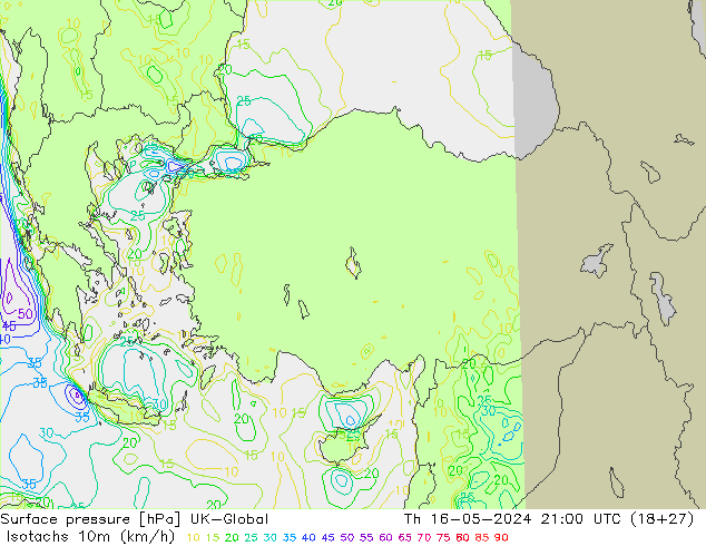 Isotachs (kph) UK-Global  16.05.2024 21 UTC