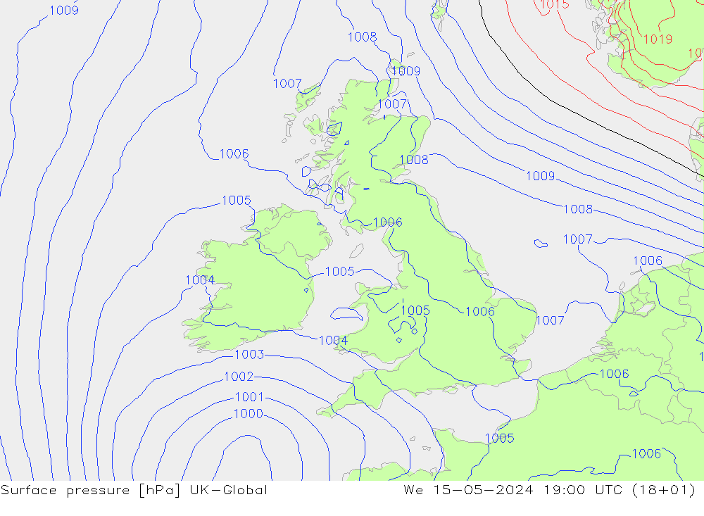 Presión superficial UK-Global mié 15.05.2024 19 UTC