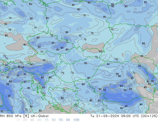 Humedad rel. 850hPa UK-Global mar 21.05.2024 06 UTC