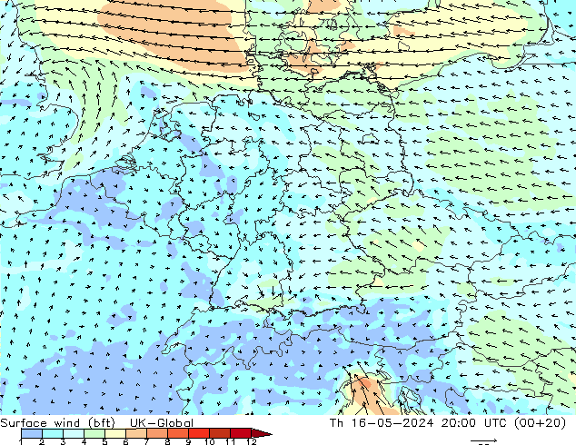 Surface wind (bft) UK-Global Th 16.05.2024 20 UTC