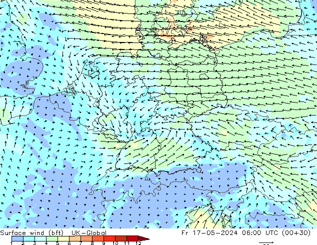 Wind 10 m (bft) UK-Global vr 17.05.2024 06 UTC