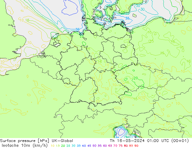 Isotachs (kph) UK-Global чт 16.05.2024 01 UTC