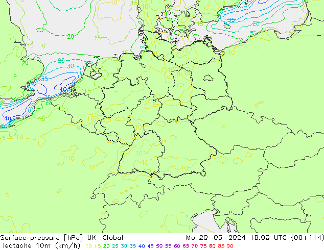 Isotachen (km/h) UK-Global ma 20.05.2024 18 UTC
