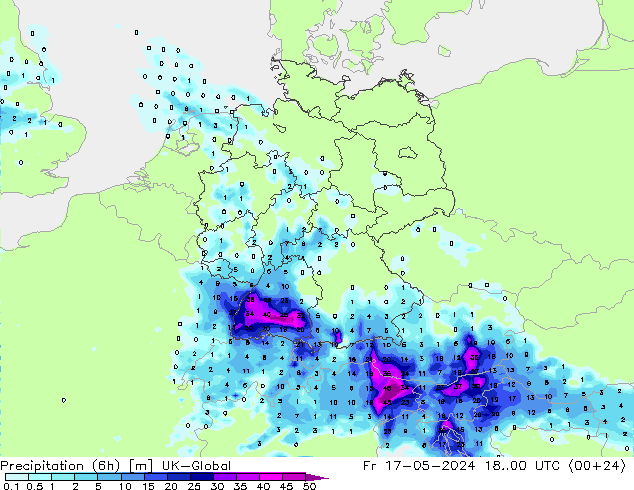 Precipitation (6h) UK-Global Fr 17.05.2024 00 UTC