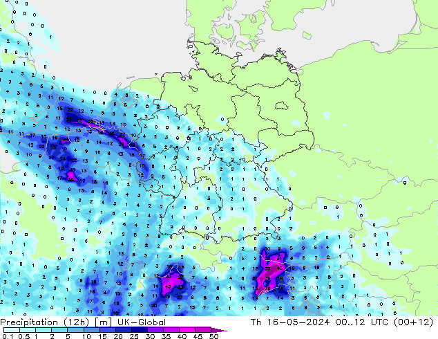 Precipitation (12h) UK-Global Th 16.05.2024 12 UTC