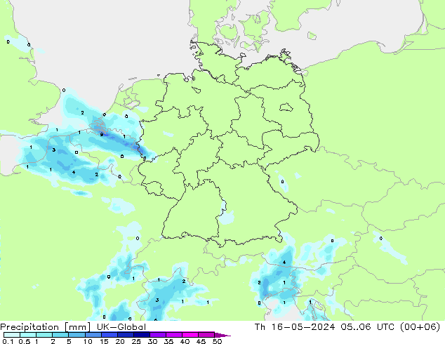 Precipitation UK-Global Th 16.05.2024 06 UTC