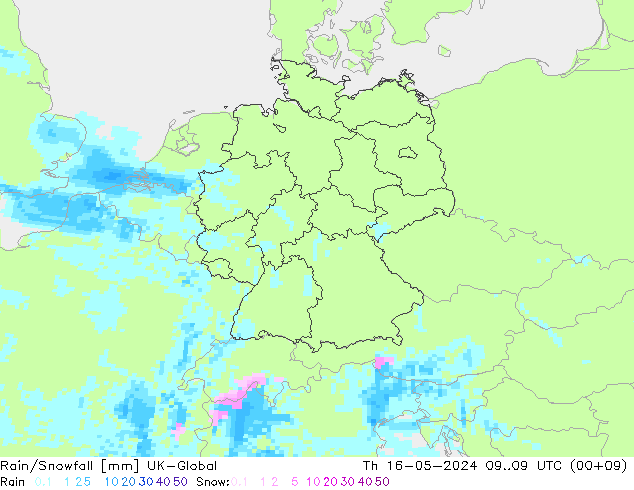 Rain/Snowfall UK-Global czw. 16.05.2024 09 UTC