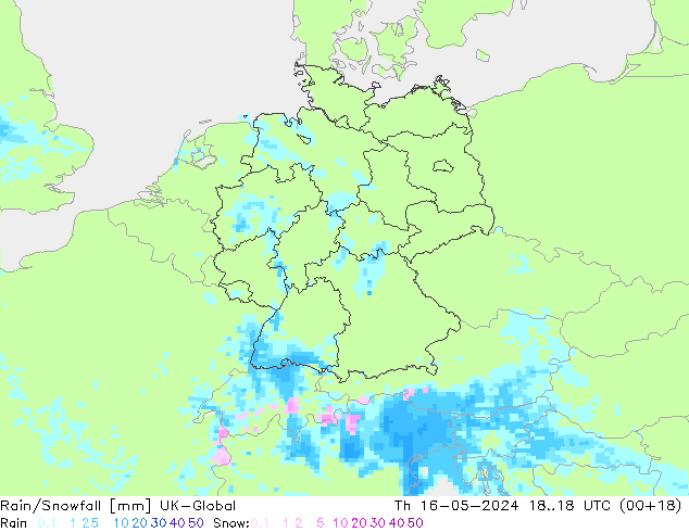 Rain/Snowfall UK-Global Qui 16.05.2024 18 UTC