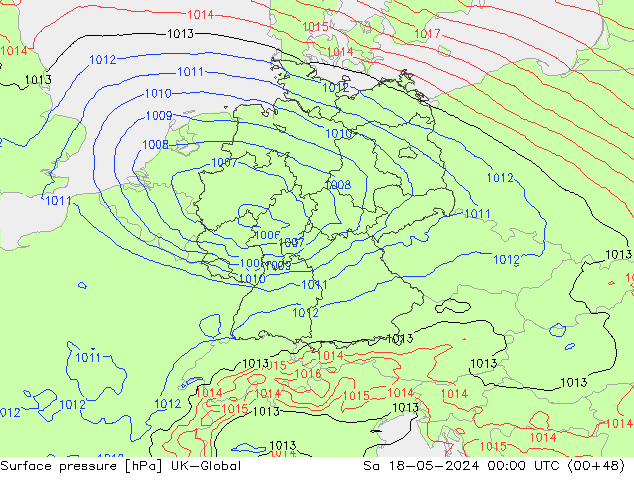 Presión superficial UK-Global sáb 18.05.2024 00 UTC
