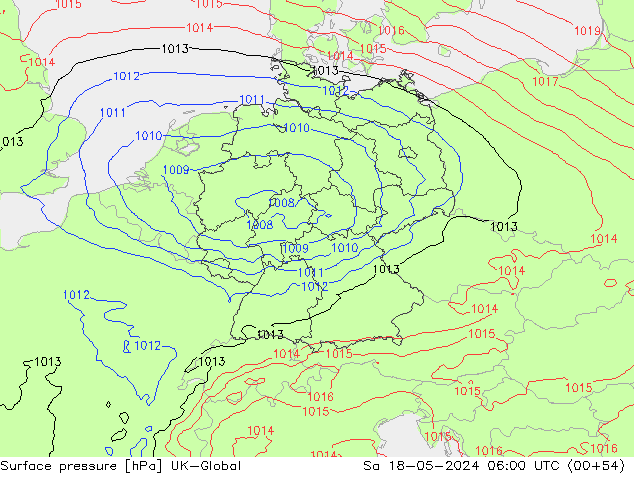 Atmosférický tlak UK-Global So 18.05.2024 06 UTC