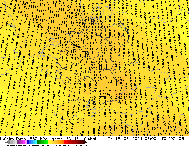 Height/Temp. 850 гПа UK-Global чт 16.05.2024 03 UTC