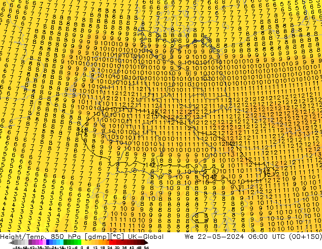 Hoogte/Temp. 850 hPa UK-Global wo 22.05.2024 06 UTC