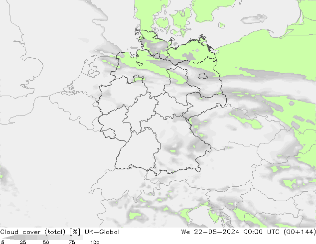 Bewolking (Totaal) UK-Global wo 22.05.2024 00 UTC