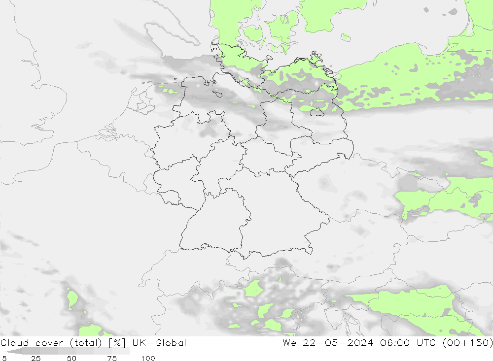 Bewolking (Totaal) UK-Global wo 22.05.2024 06 UTC