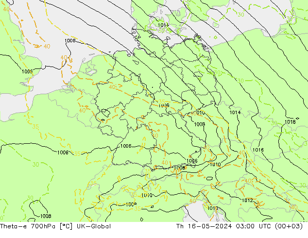 Theta-e 700hPa UK-Global Qui 16.05.2024 03 UTC