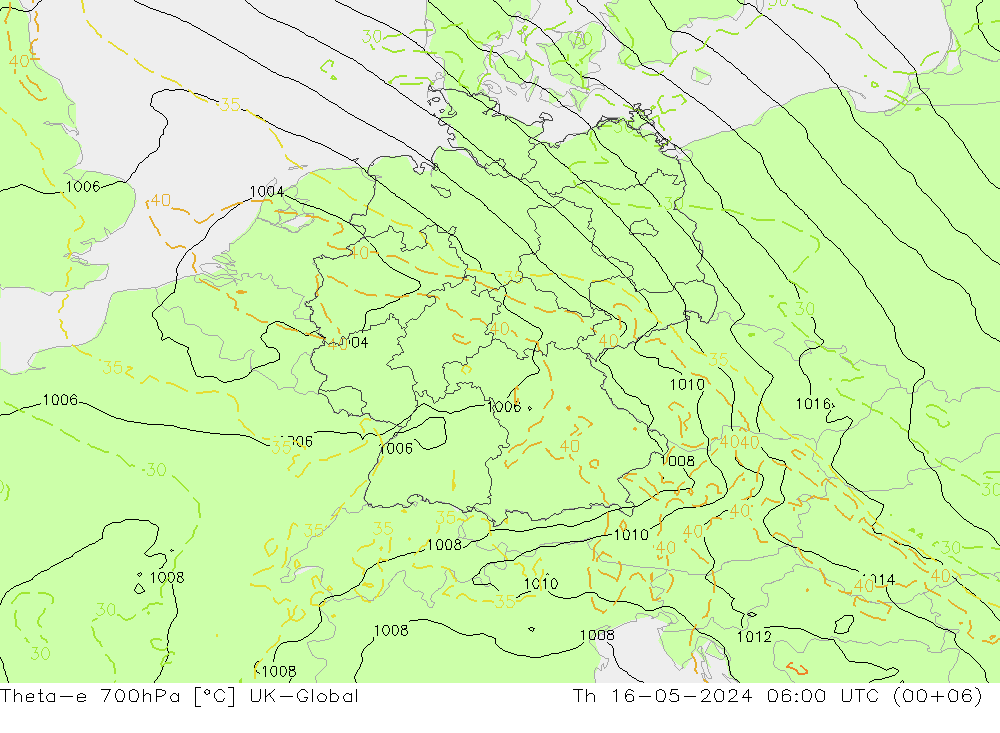 Theta-e 700hPa UK-Global 星期四 16.05.2024 06 UTC