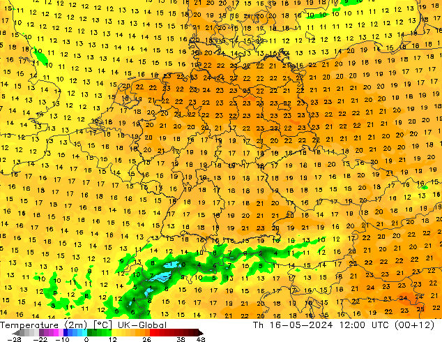 Temperature (2m) UK-Global Čt 16.05.2024 12 UTC