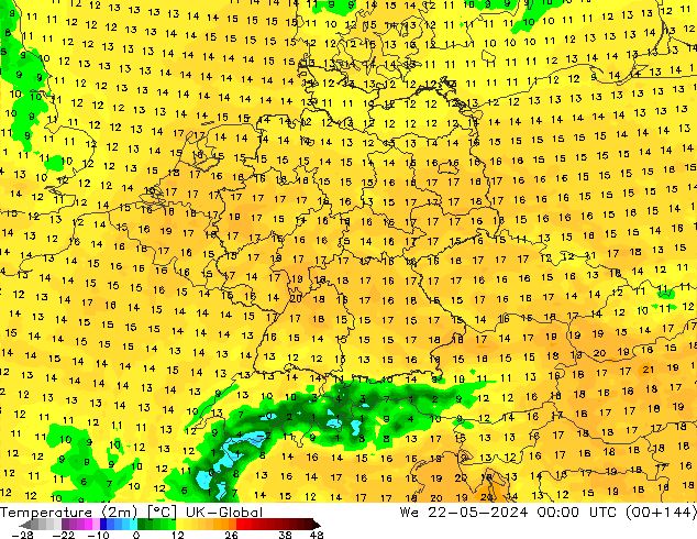 Temperatura (2m) UK-Global Qua 22.05.2024 00 UTC