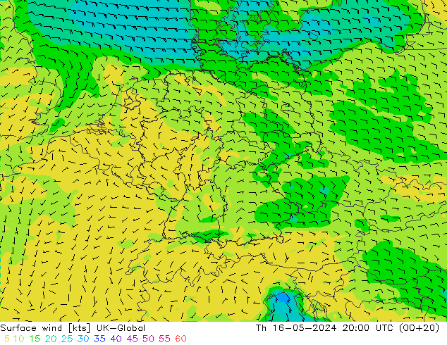 Wind 10 m UK-Global do 16.05.2024 20 UTC