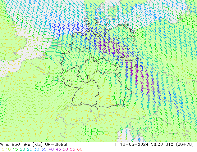 Viento 850 hPa UK-Global jue 16.05.2024 06 UTC