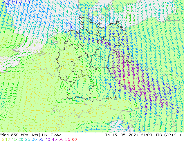 Wind 850 hPa UK-Global Do 16.05.2024 21 UTC