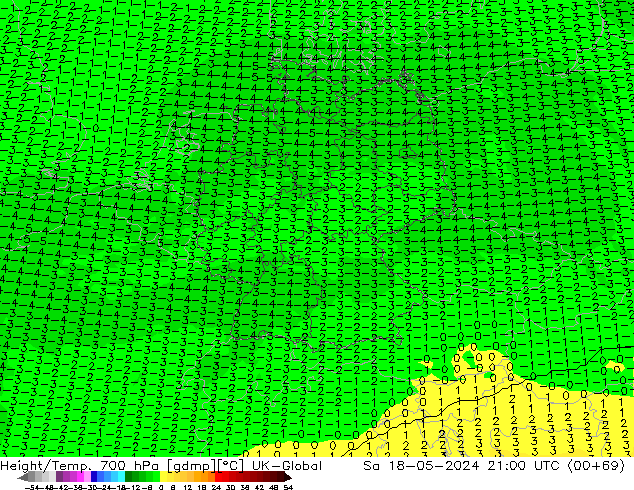 Height/Temp. 700 hPa UK-Global Sa 18.05.2024 21 UTC