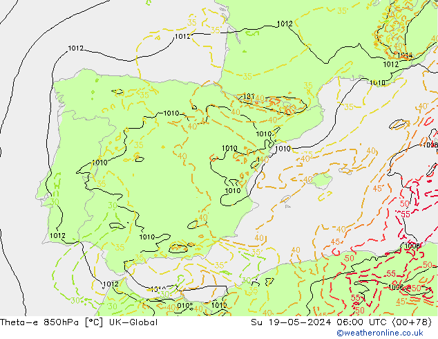 Theta-e 850hPa UK-Global  19.05.2024 06 UTC