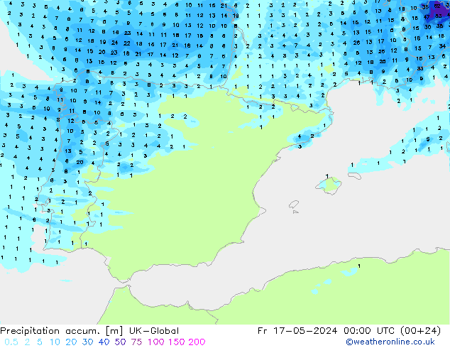 Precipitation accum. UK-Global Pá 17.05.2024 00 UTC
