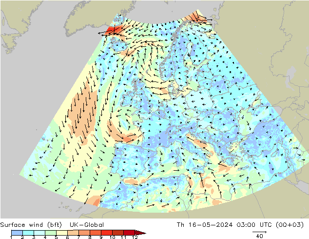 Surface wind (bft) UK-Global Th 16.05.2024 03 UTC