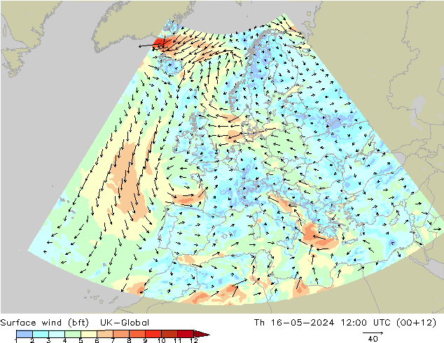 Surface wind (bft) UK-Global Th 16.05.2024 12 UTC