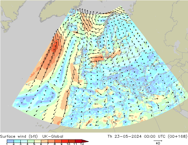 Surface wind (bft) UK-Global Th 23.05.2024 00 UTC